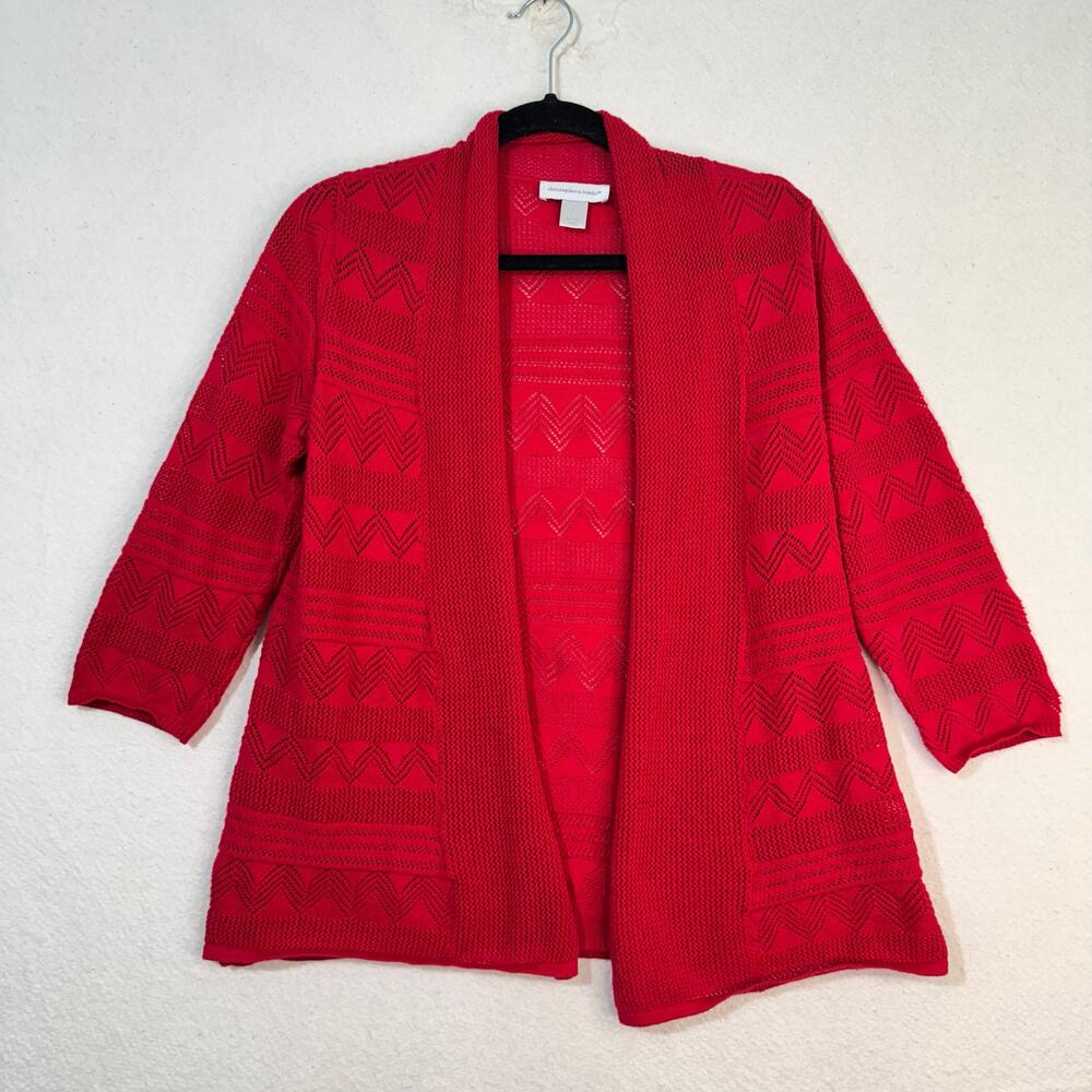 Christopher & Banks Red Pointelle Open-Front Cardigan Sweater Size Small Chevron